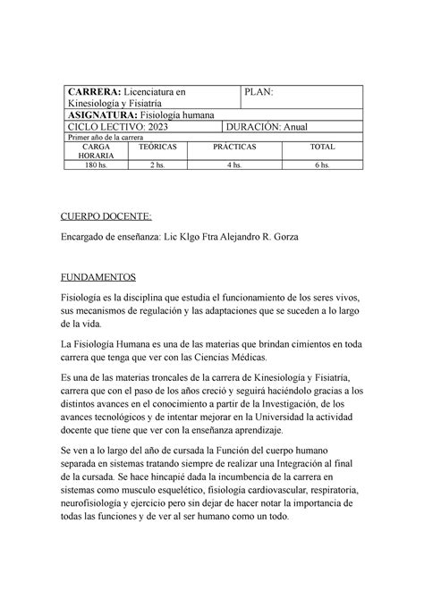 Programa Fisiología Humana 2023 docx CARRERA Licenciatura en