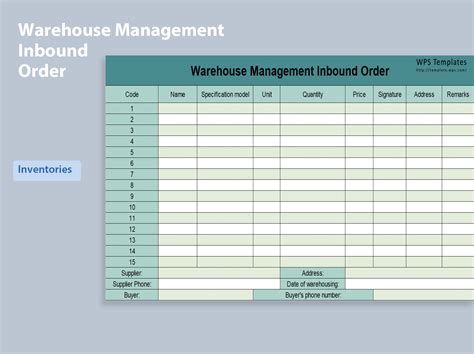 Excel Of Warehouse Management Inbound Order Xlsx Wps Free Templates