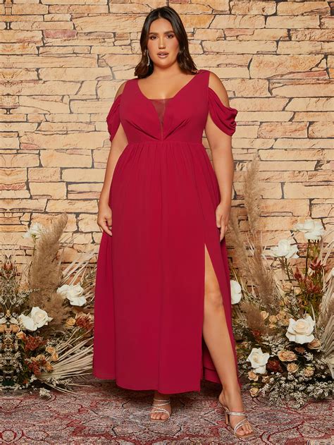 Shein Plus Mesh Insert Cold Shoulder Split Thigh Chiffon Bridesmaid Dress