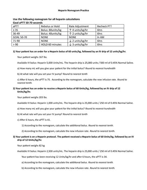 Heparin Nomogram Practice - Your patient weighs 167 lbs. Available IV ...