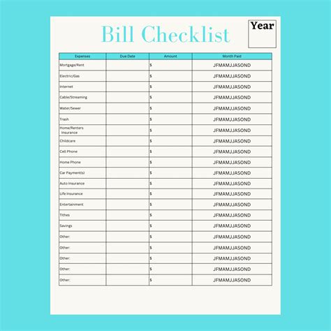 Yearly Bill Checklist Yearly Budget Printable Checklist Financial