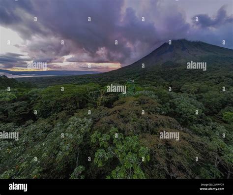 Beautiful Aerial Lview Of Arenal Volcano The Arenal Lagoon And Rain