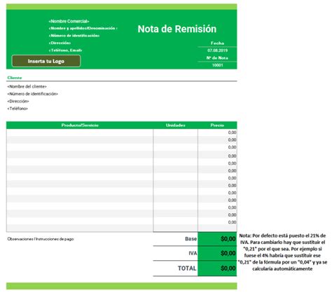 Plantilla de nota de remisión en Excel Recursos Excel