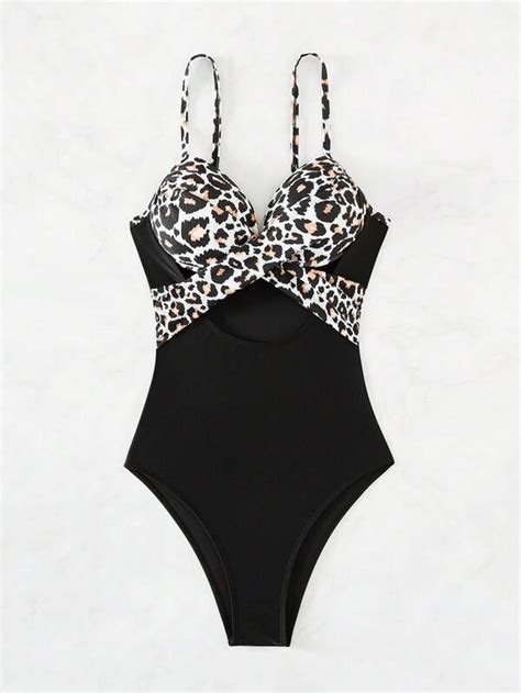 Shein Swim Vcay Leopard Print Cut Out Push Up One Piece Swimsuit