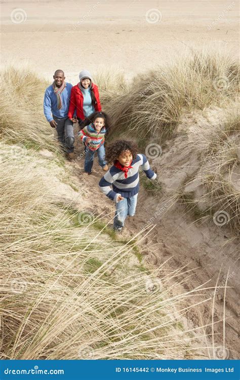 Familia Que Recorre A Lo Largo De Las Dunas En La Playa Del Invierno