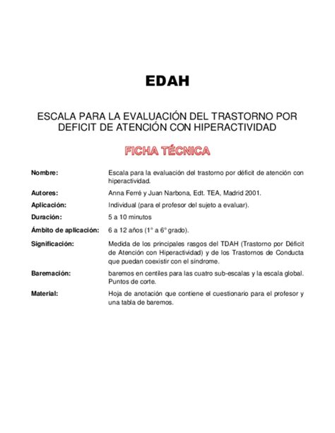 Pdf Edah Escala Para La EvaluaciÓn Del Trastorno Por Deficit De AtenciÓn Con Hiperactividad