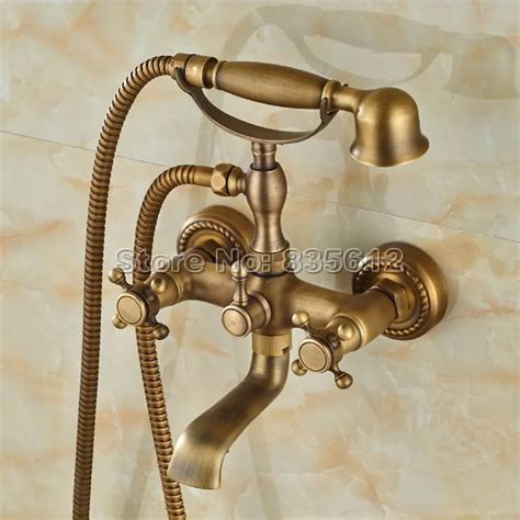 Wall Mounted Retro Antique Brass Dual Cross Handle Bathroom Tub Faucet