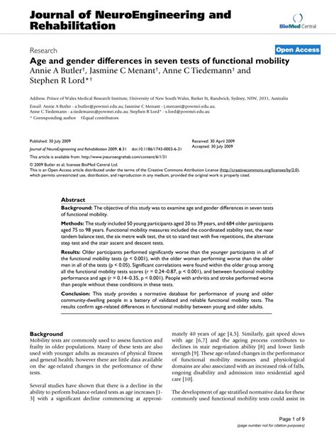 Pdf Age And Gender Differences In Seven Tests Of Functional Mobility