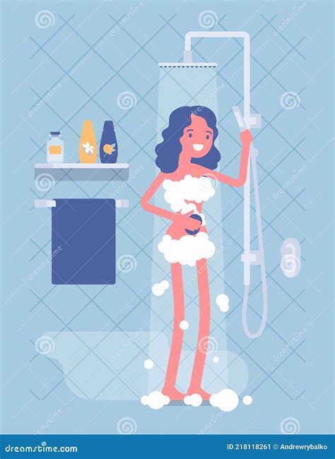 Woman Taking A Relaxing Shower Soaping With Foam Stock Vector