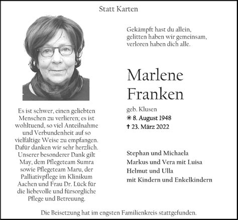 Traueranzeigen Von Marlene Franken Aachen Gedenkt