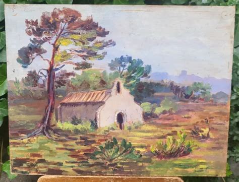 TABLEAU ANCIEN PAYSAGE Campagne Chapelle Peinture Huile Sur Panneau