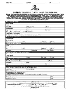 Fillable Online Residential Application For Water Sewer Gas Garbage