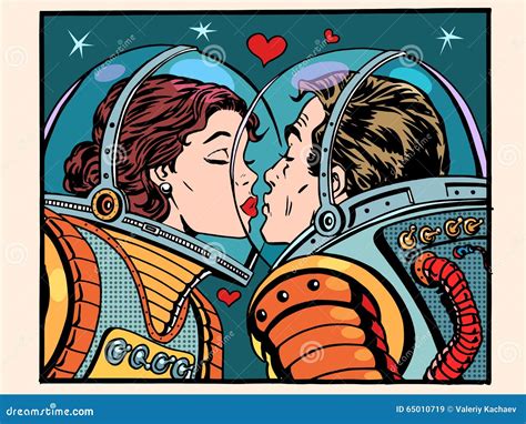 Kiss Space Man And Woman Astronauts Stock Vector Illustration Of