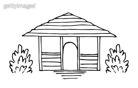 Simple Black Outline Vector Drawing Summer Gazebo In The Garden Tea