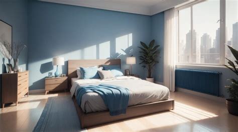 Premium Photo | A modern bedroom with wooden furniture in blue tone