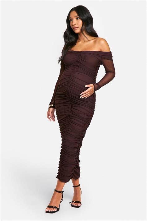 Emily Shak Maternity Slinky Off The Shoulder Long Sleeve Ruched Midaxi