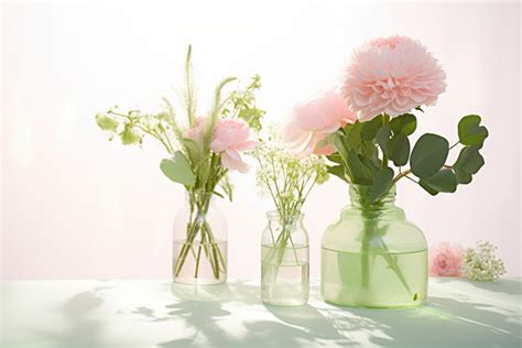 Various Flowers And Greenery Are Arranged In Several Vases Background