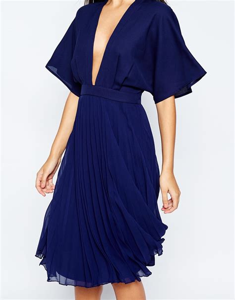 Asos Kimono Sleeve Pleated Midi Dress Navy In Blue Lyst