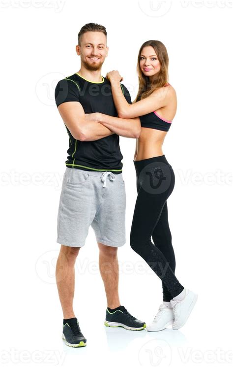 Athletic Couple Man And Woman After Fitness Exercise On The White