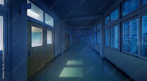 High school corridor balcony in the dark night, Anime background, 2D ...