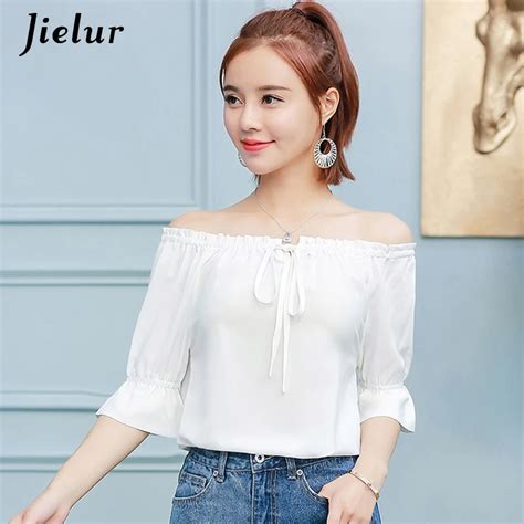 Jielur Autumn Slash Neck Womens Blouse Short Sleeve Chiffon Female