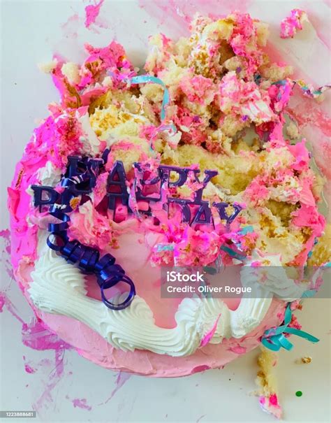 Pink Birthday Cake Smashed Ruined Destroyed Art Stock Photo Stock Photo