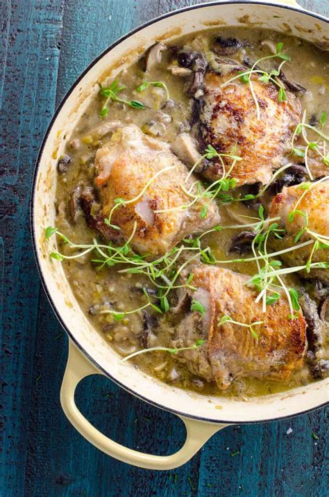 Dutch Oven Chicken Thighs With Leeks Mushrooms And White Wine Umami Girl