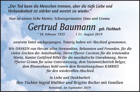 Traueranzeigen Von Gertrud Baumann Abschied Nehmen De