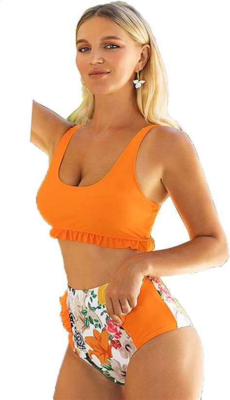 Womens High Waisted Swimsuits Sports Crop Top Bikini Two Piece Wf