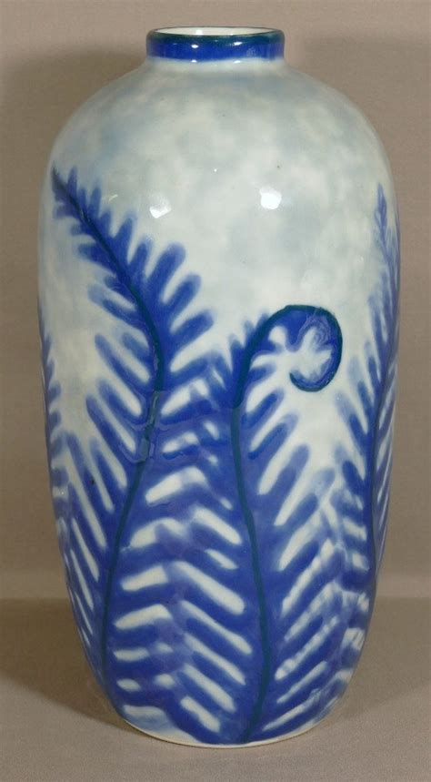 Camille Tharaud Grand Vase Art Déco Fougères Bleues En Porcelaine D