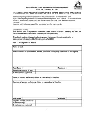 Fillable Online Application For A Club Premises Certificate Pdf