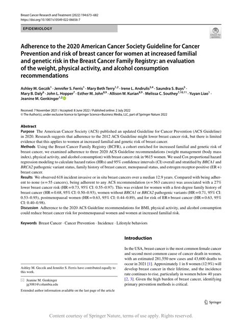 Adherence To The 2020 American Cancer Society Guideline For Cancer