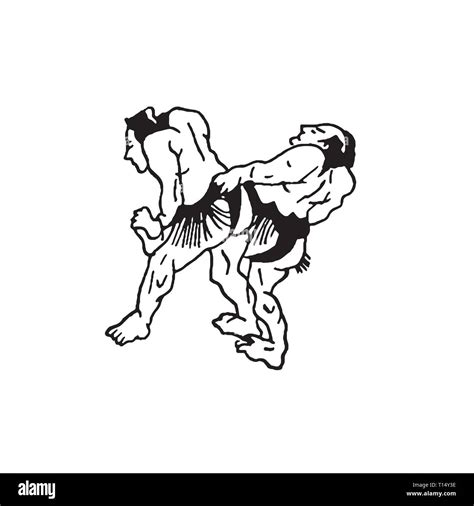 Hand Drawn Illustration Of Sumo Man Wrestlers Fight On White Background