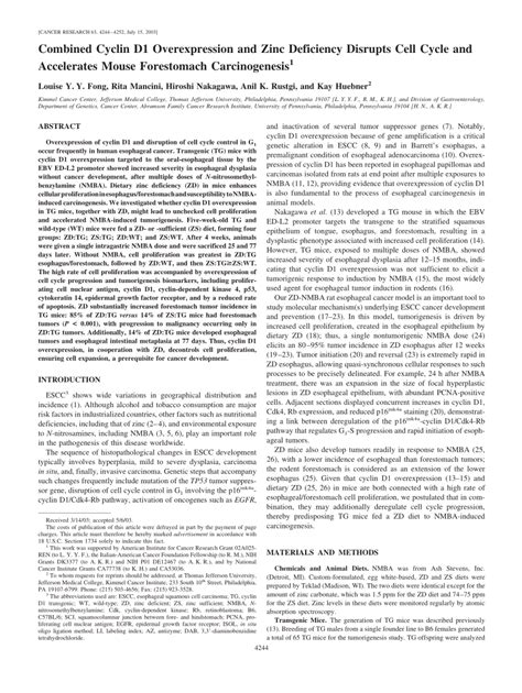 Pdf Combined Cyclin D Overexpression And Zinc Deficiency Disrupts