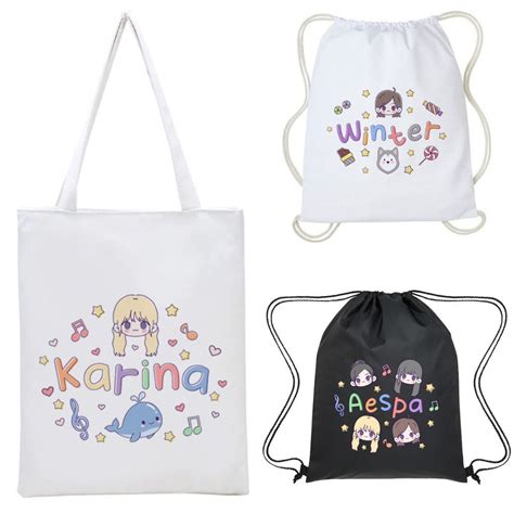 Jual Totebag Tas Serut Aespa Tulisan Chibi Lucu SM Entertainment Kpop