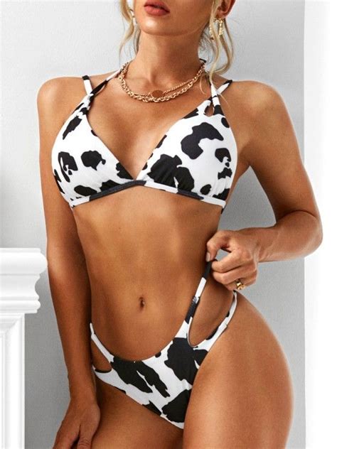 [34 Off] 2021 Zaful Cow Print Ribbed Tied Bikini Swimwear In Black Zaful