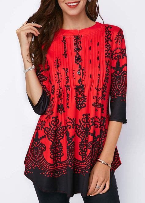 Curved Hem Printed Three Quarter Sleeve Tunic Blouse Liligal