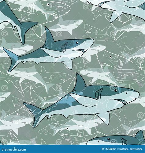 Seamless Abstract Sea Pattern With Sharks Light Background Stock