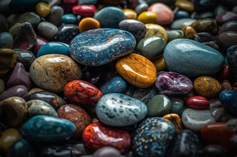 Una colección de rocas de colores en una playa Foto Premium