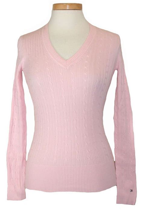 Tommy Hilfiger Womens Sweater Top Cable Knit V Neck Preppy Cotton Pink