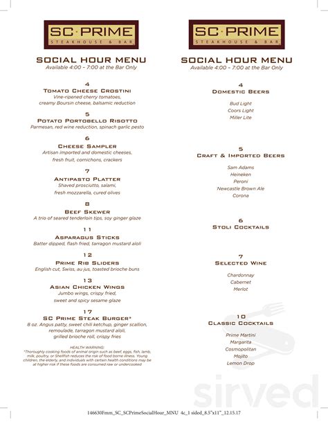 Sc Prime Steakhouse And Bar Menu In Las Vegas Nevada Usa