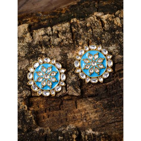 Buy Zaveri Pearls Enamelling Turquoise Blue Kundan Circular Stud