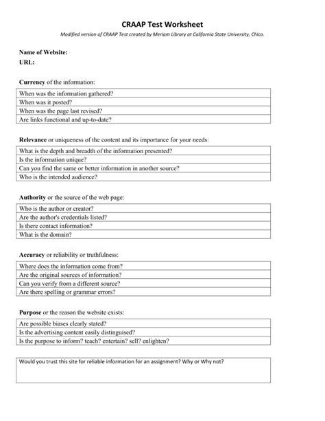 Craap Test Worksheet