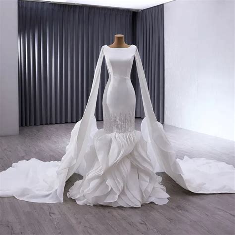 High End White Sequins Satin Cascading Ruffles Wedding Dresses