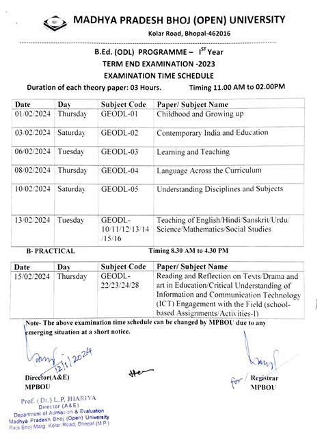 MP Bhoj Open University Time Table 2024 BA BSc BCom Exam Date Out