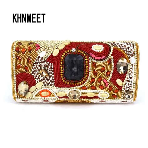 Fashion India Crystal Beaded Clutch Evening Bag Coral Color Diamond