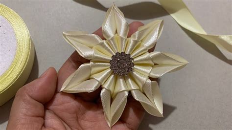 Diy How To Make Kanzashi Flower Cara Membuat Bros Pita Satin Satin