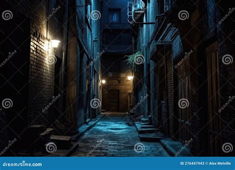 Creepy Dark Alley Stone Paved Path And Lined With Buildings Stock