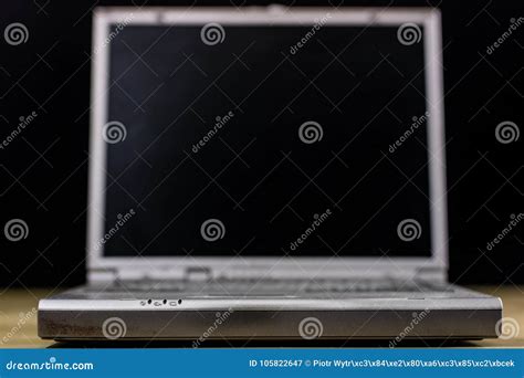 Old Laptop On A Wooden Table Laptop With Turned Off Monitor Stock