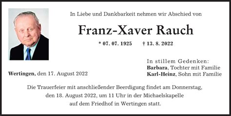 Traueranzeigen Von Franz Xaver Rauch Augsburger Allgemeine Zeitung